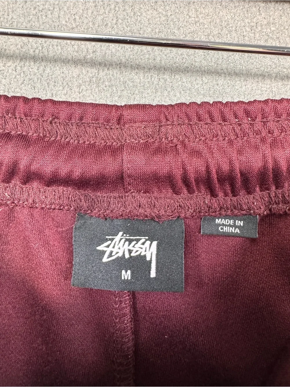 Stussy Men's Burgundy Maroon Poly Track Pants w/Side Grey + White Stripes, M